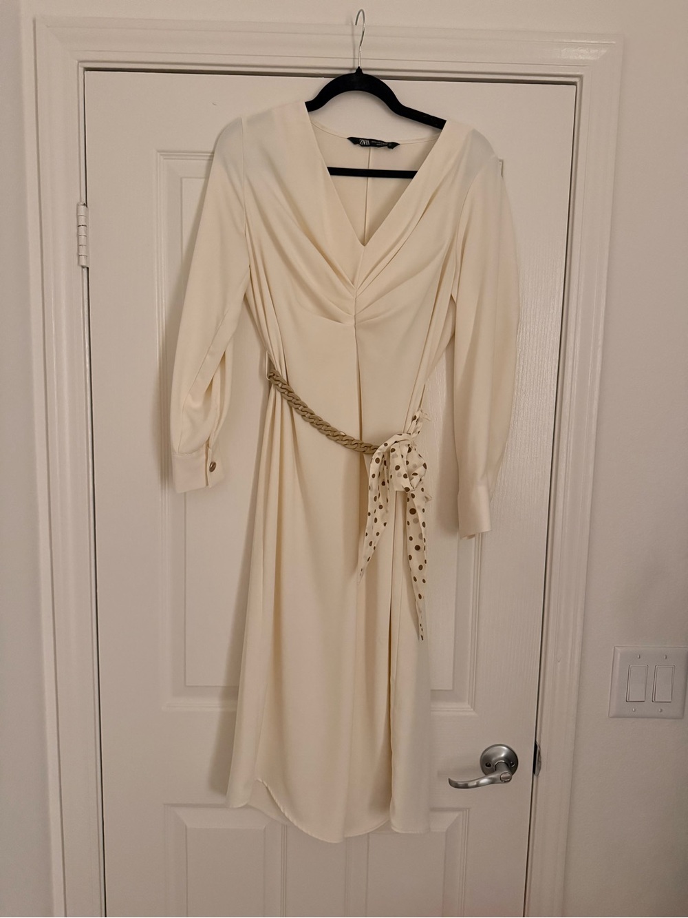 Zara Cream Long-Sleeve V-Neck Midi Dress with Braided Belt